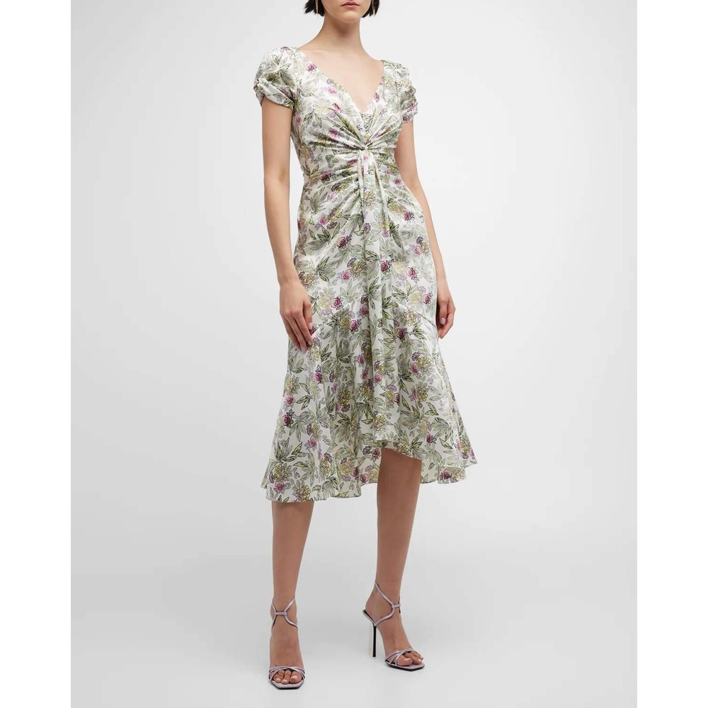 Cinq a Sept Walker Floral Ruched Midi Dress White Multi Puff Sleeve Size 8 Satin